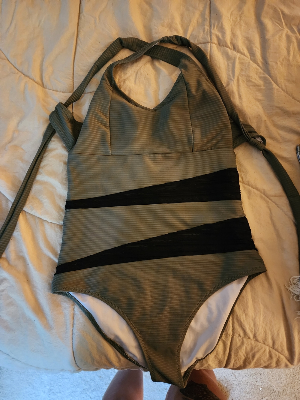 Cupshe Olive Green One-Piece Swimsuit with Black Mesh Panels